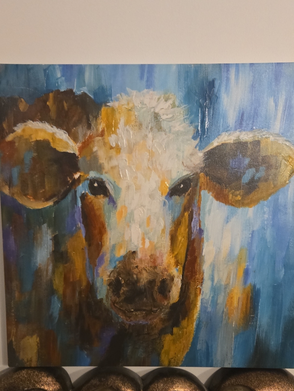 Blue and Gold Abstract Cow Canvas Art - Unbranded